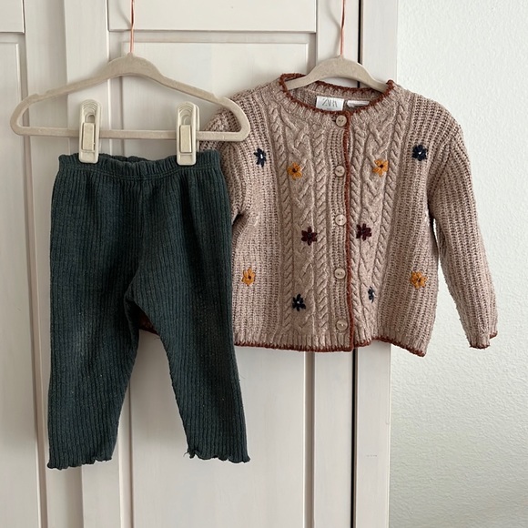 Zara Other - Zara Outfit | floral embroidered knit sweater cardigan + ribbed leggings